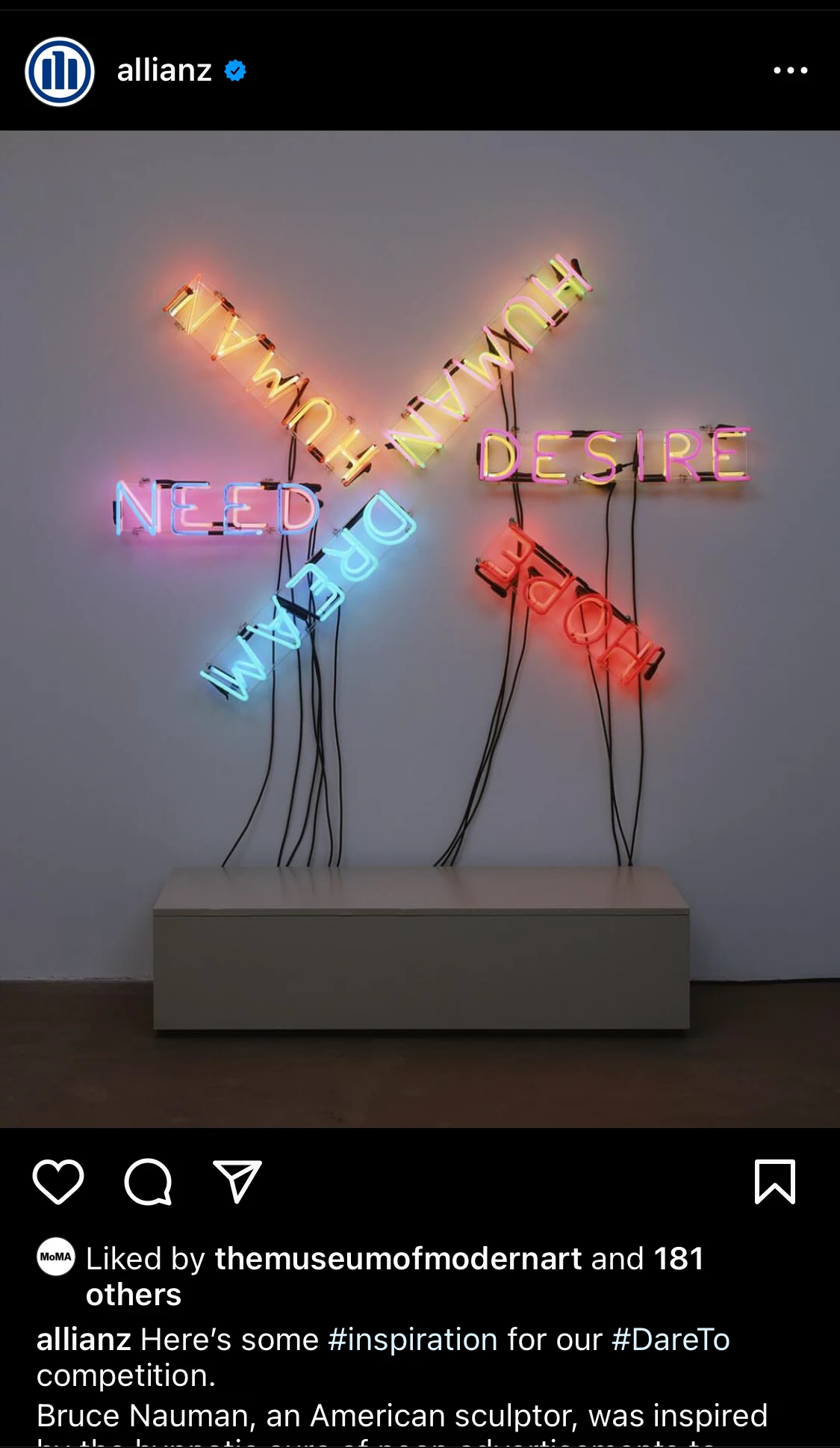 Allianz Instagram post sharing MoMA neon artwork as competition inspiration
