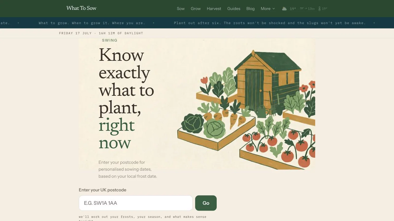 What to Sow homepage showing postcode-aware seasonal planting guidance