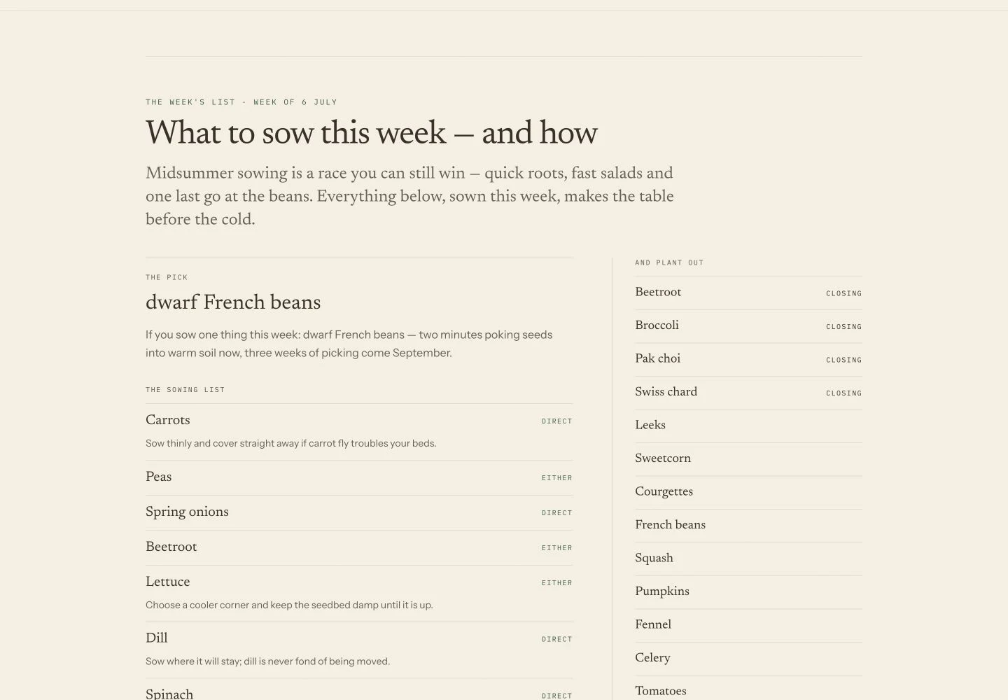 What to Sow result view with a weekly sowing list and crops ready to plant out